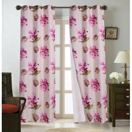 Magnolia Draperies - FLORAL#4 1-Piece Pink Magnolia Blackout Lined Grommet Window Curtain Panel 37