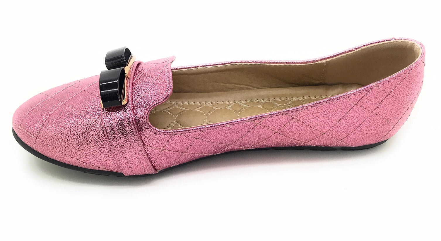 Victoria K Techno Shine Quilted Texture Black Bow Ballerina Flats (Women)