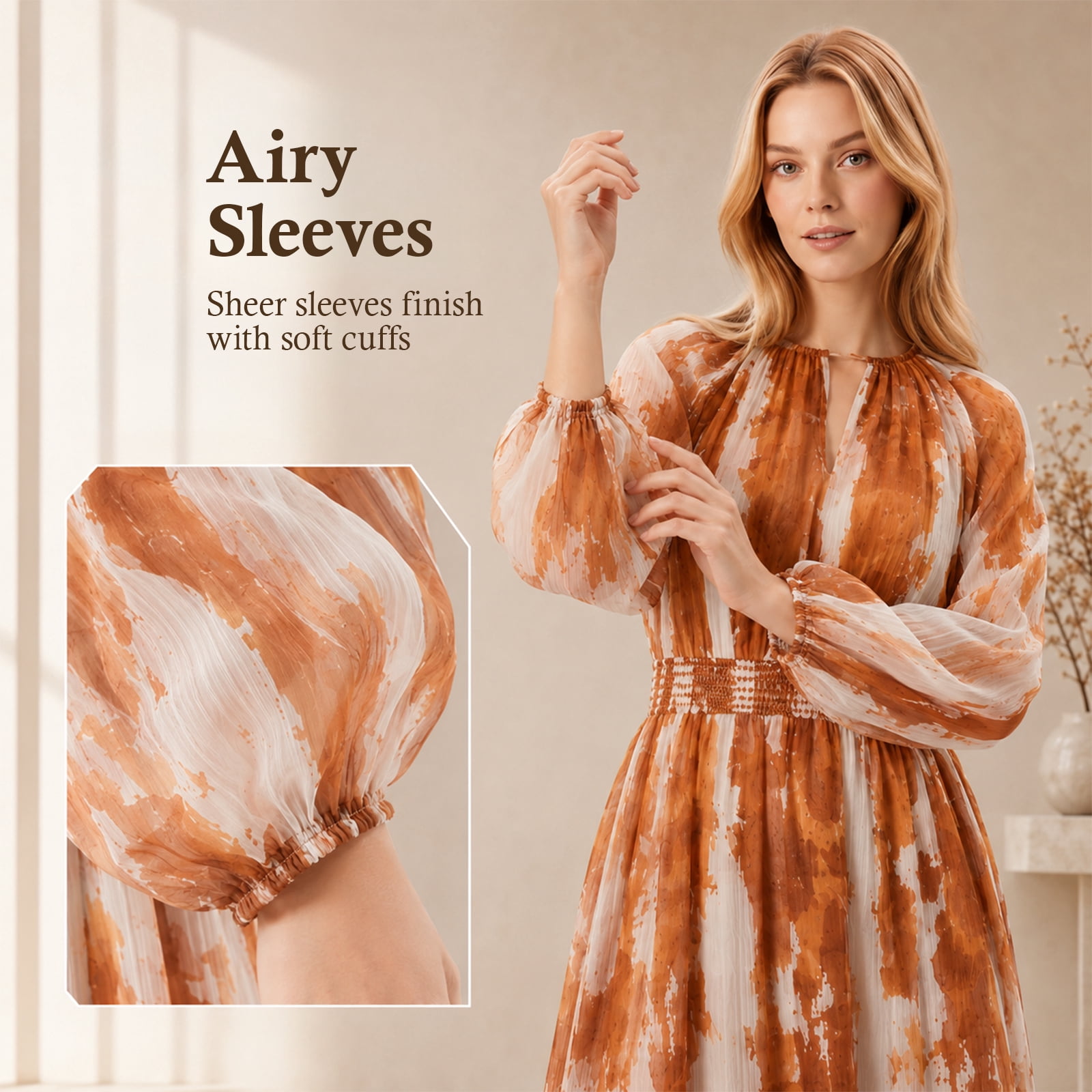 Alvantor Women's Smocked Waist Long Sleeve Maxi Dress, Orange Multi