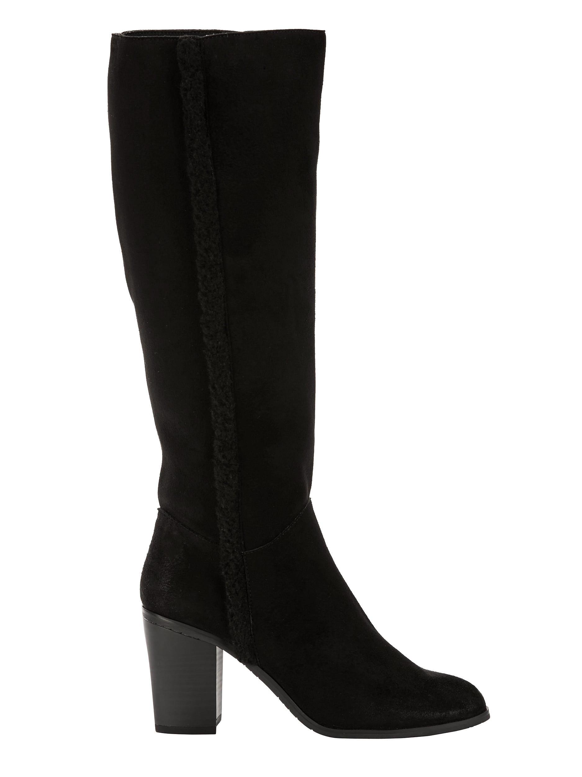 black suede knee high boots with block heel