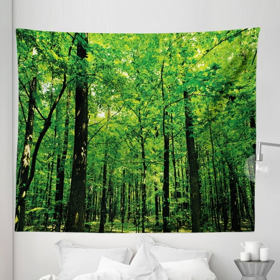 Nature Tapestry, Woodland Tree Forest Jungle in Sunny Day Mother Earth Environment Picture, Fabric Wall Hanging Decor for Bedroom Living Room Dorm, 5 Sizes, Fern Green Seal Brown, by Ambesonne