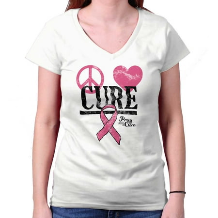Breast Cancer Awareness Shirt | Peace Cure Love Pink Ribbon Junior V-Neck Tee