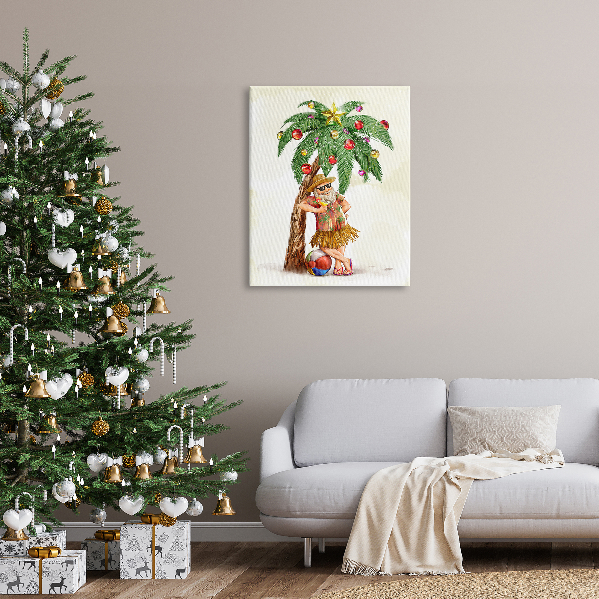 Tropical Santa Claus Lounging Palm Tree Ornaments Coastal Painting Gallery-Wrapped Canvas Print Wall Art