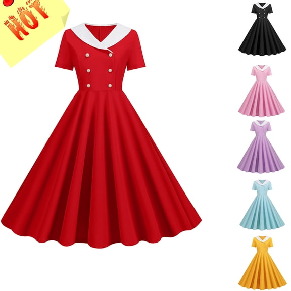 YABCSAZ Women Casual Dress Solid Color Short Sleeve V-Neck Cocktail Flowy Swing Dress Notch Lapel Collar Dress A line Dance Midi Evening Dress
