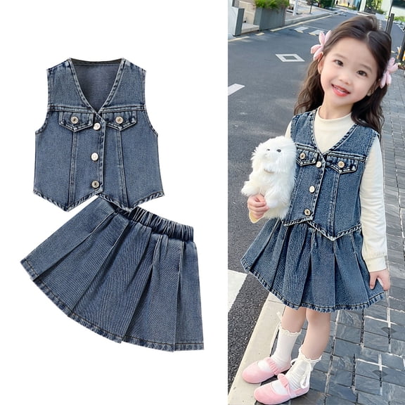 Girls Denim Outfit Set Denim Sleeveless Button Down Vest with Denim Pleated Skirt Girls Jean Set 4-5 Years