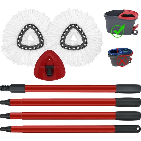 Mop Replace Heads Mop Handle and Base Replacement for O Cedar EasyWring 1-Tank Spin Mop System, 2 Microfiber Mops Refills, 4-Section Iron Mop Handle 30-58Inch and 1 Mopping Heads Cover Set