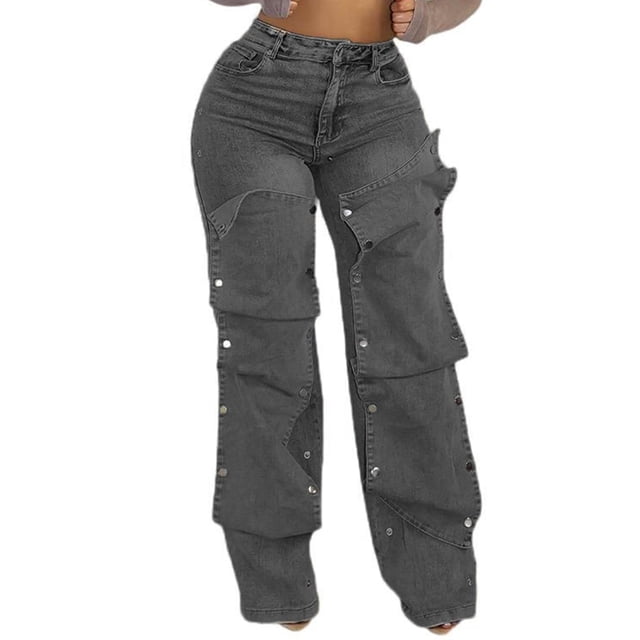 Jeans cargo NRTHYE para mujer, cintura alta, pierna ancha y recta