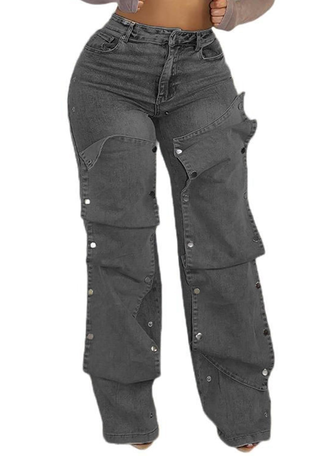 NRTHYE Jeans Cargo Donna Vita Alta Gamba Dritta - Elasticizzati In Denim Con Tasche, Streetwear