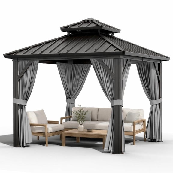 10x10 FT Hardtop Gazebo, Galvanized Steel Double Roof & All-Weather Aluminum Pavilion with Netting & Curtains for Patio Backyard – Black & Gray