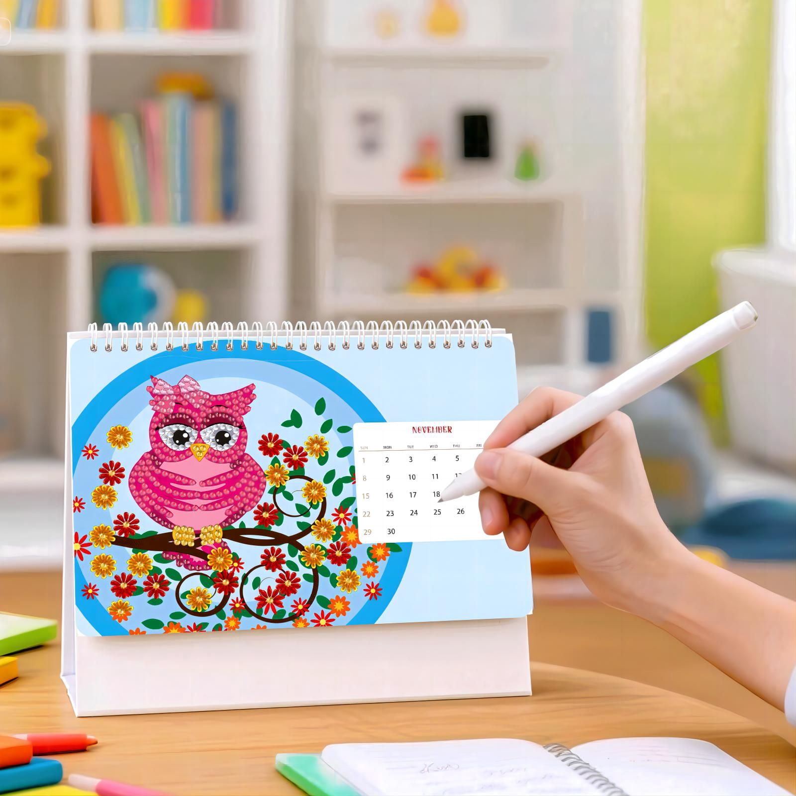 FLOPESN 2026 Desk Calendar DIY Diamond Painting Craft Kit, 7.68*6.69 in Paper Calendar with Special Drills for Home Office Decor-Colorful Owl