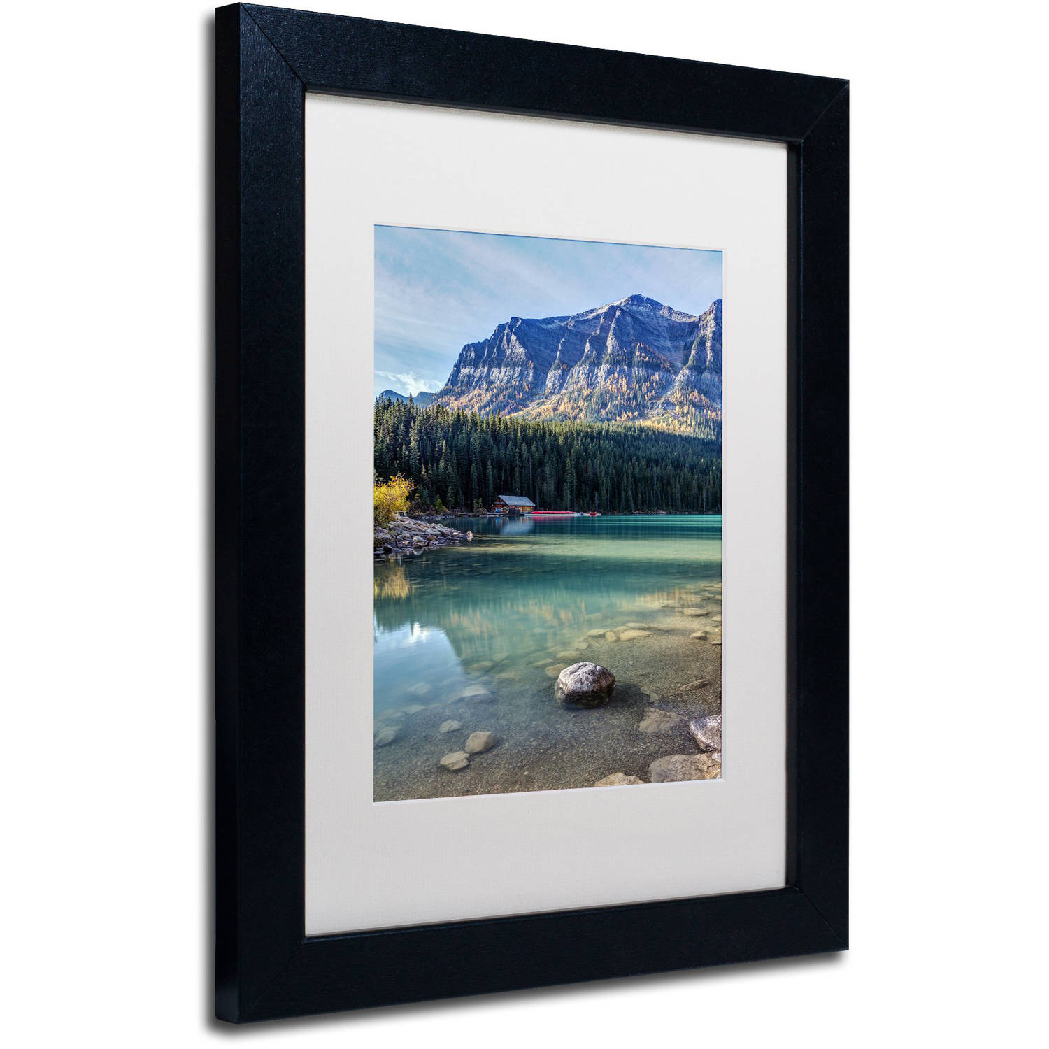 Trademark Fine Art 'Cabin at Lake Louise' Canvas Art by Pierre Leclerc, White Matte, Black Frame