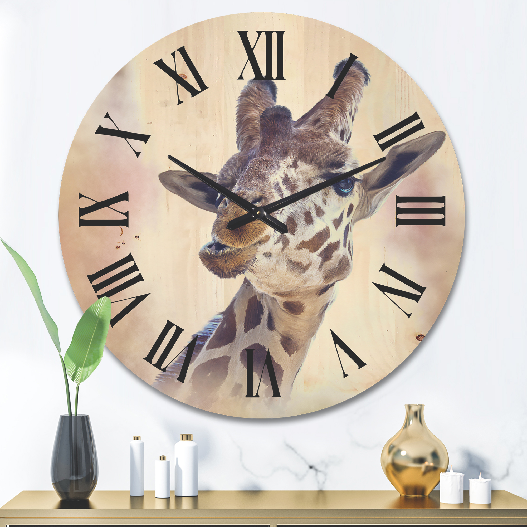 Designart 'Close Up Portrait of A Giraffe VI' Farmhouse Wood Wall Clock