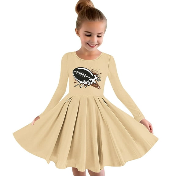 Odeerbi Toddler Girls Skater Twirl A-Line Dress Long Sleeve Pleated Dancing Dress Spring Fall Dress 4-14 Years Kids Sports Ball Printed Princess Dress Toddler Clothes Khaki