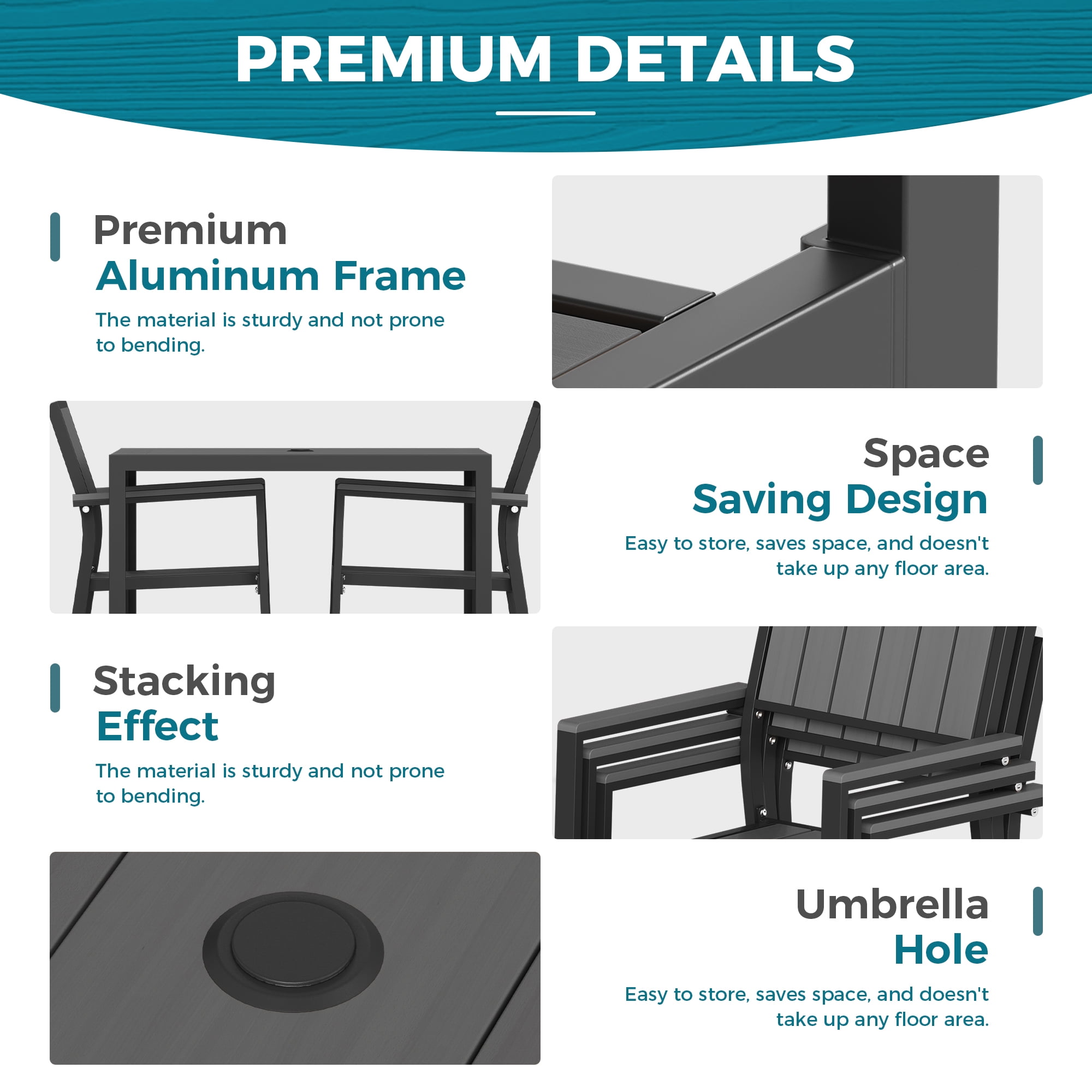 Ciokea 7 Piece Aluminum HDPS Outdoor Dining, Patio Table with Umbrella Hole & Stackable Chairs, All-Weather HDPS Furniture for Backyard, Poolside, Gray