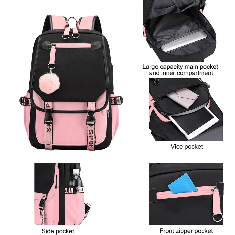 SANMADROLA School Backpack with USB Charging Port, Black photo 4