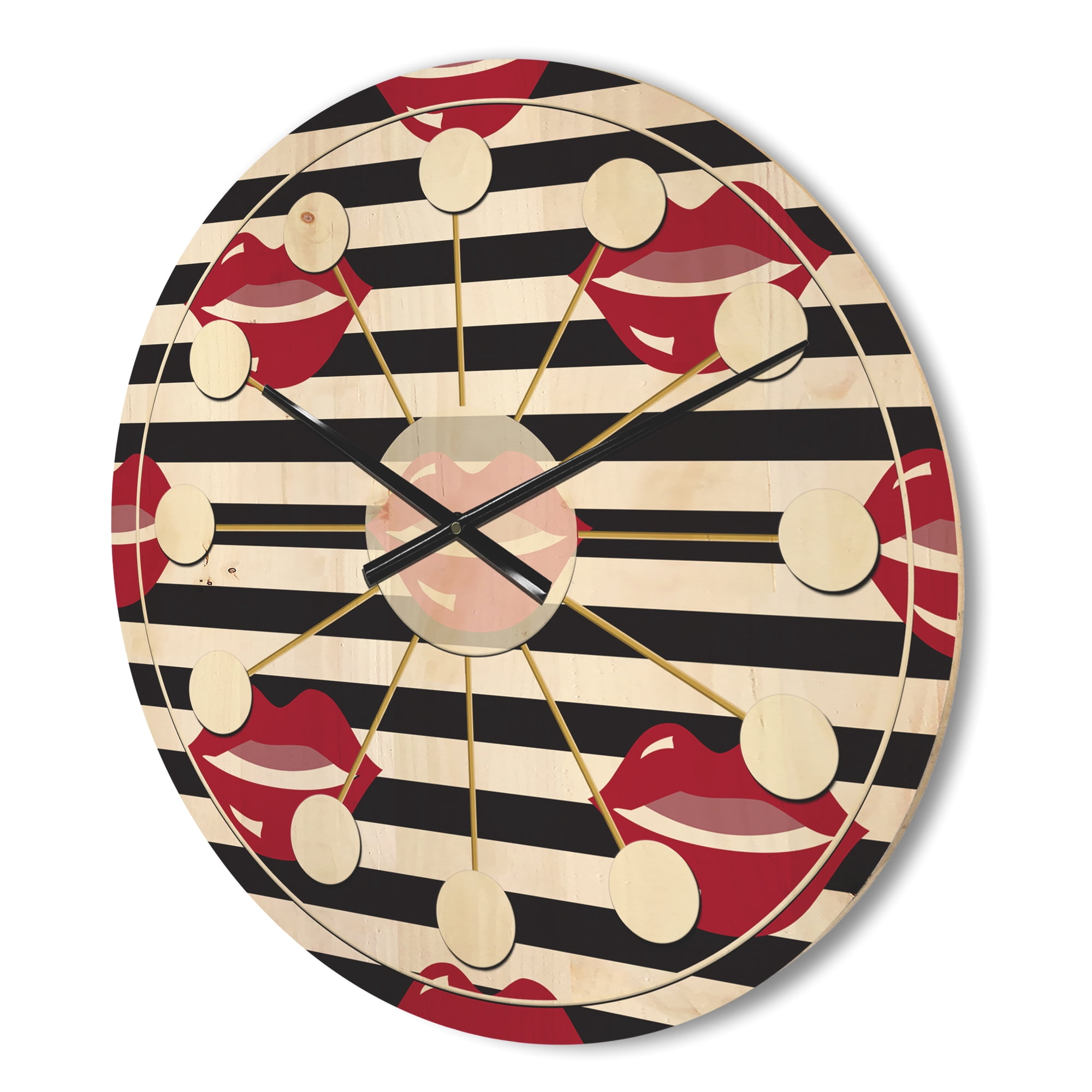 Designart 'Red Lips Fashion Horizantal Pattern' Mid-Century Modern Wood Wall Clock