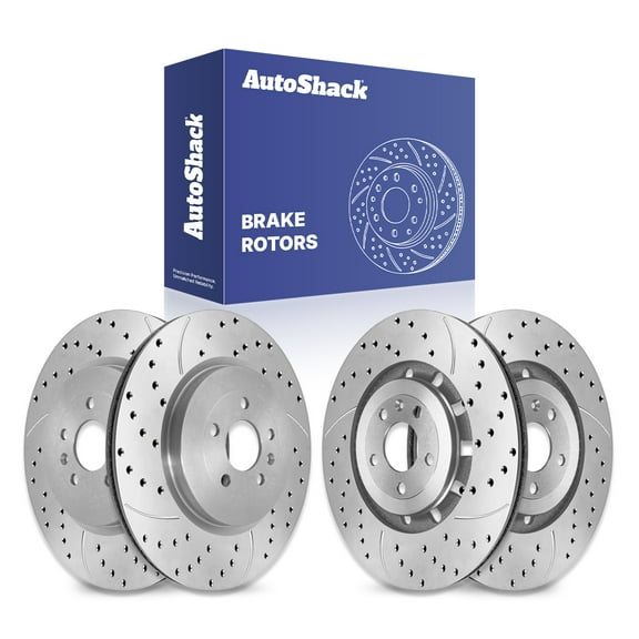AutoShack Front & Rear Drilled Slotted Brake Rotors | Replacement For Lincoln MKS MKT Ford Police Interceptor Utility Flex Taurus 2013-2017 Explorer AWD | Silver Matte Finish | 4-PC Set | TurboGuard