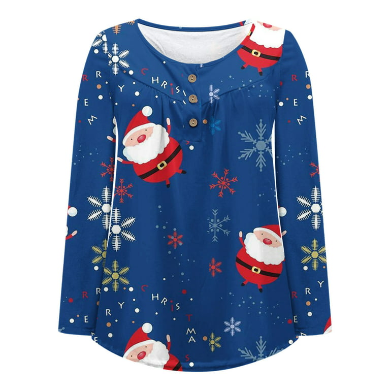 Czhjs Ugly Christams Sweatshirt Button Up Henley Pleated Pullover Womens Fall Fashion Loose Tunic for Ladies Trendy Plus Size Tops Santa Claus Graphic