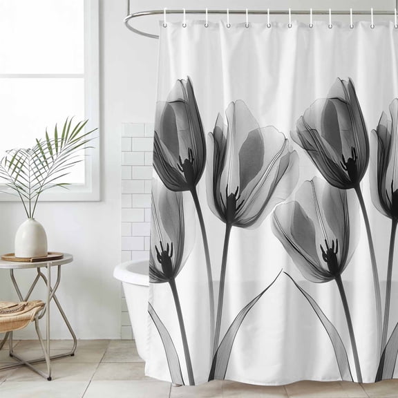 Tulip Black White Extra Long Shower Curtain Set, Waterproof Shower Curtains for Bathroom, Spring Floral Botanical Bloom Washable Fabric Cloth Bath Curtain for Bathtub with Hooks 72x96 Inches