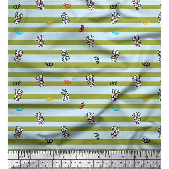 Soimoi Green polyester Crepe Fabric Coffee Cup & Stripe Print Fabric by Yard 42 Inch Wide