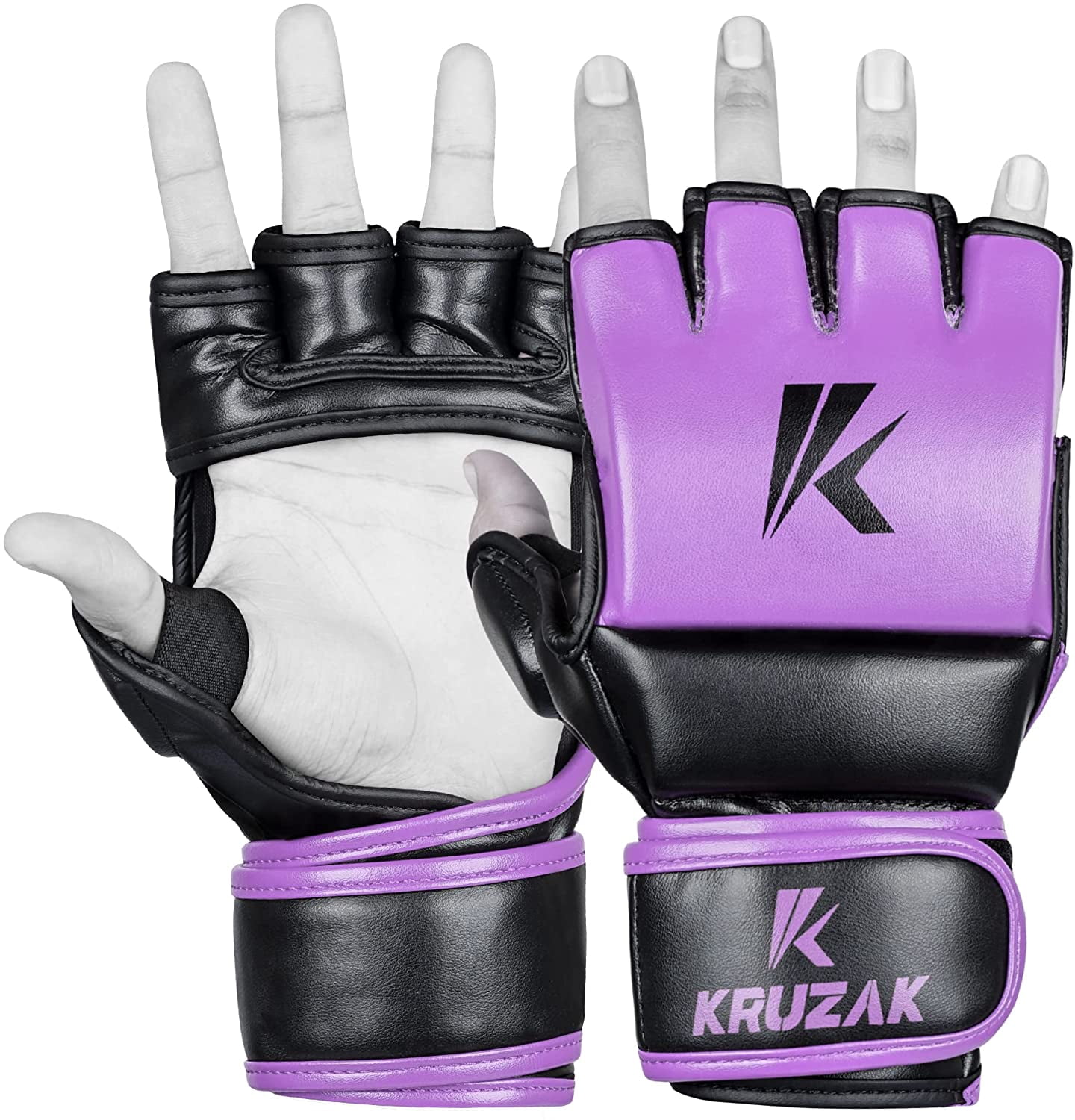 Kruzak Adult Wear-Resistant Half-Finger Synthetic Leather MMA Gloves with Hand Wraps for Kickboxing, Training, Purple, Small/Medium, 2 Piece
