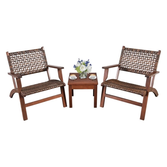 Resenkos 3 Pieces Outdoor Wooden Patio Rattan Furniture Set, Rattan, Brown