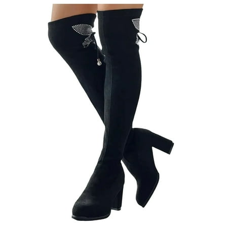 GHSOHS Cowboy Boots for Women Over The Knee Boots Women s Ankle Boots Black Boots Thigh High Boots Pointed Toe Heels Flock Over The Knee High Stretch Boots Rain Boots Dress Shoes Tall Boots Size 41