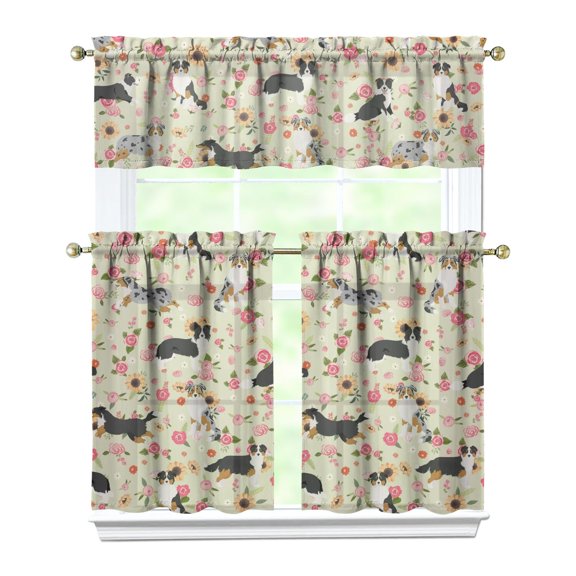 Dog Print Kitchen Curtains 36 Inch Short - 3 Panel Set, Cute Puppy & Floral Design, Rod Pocket Pet Lover Curtains 100% Polyester, Paw & Bone Pattern for Kitchen, Living Room, Bedroom, Easy Wash