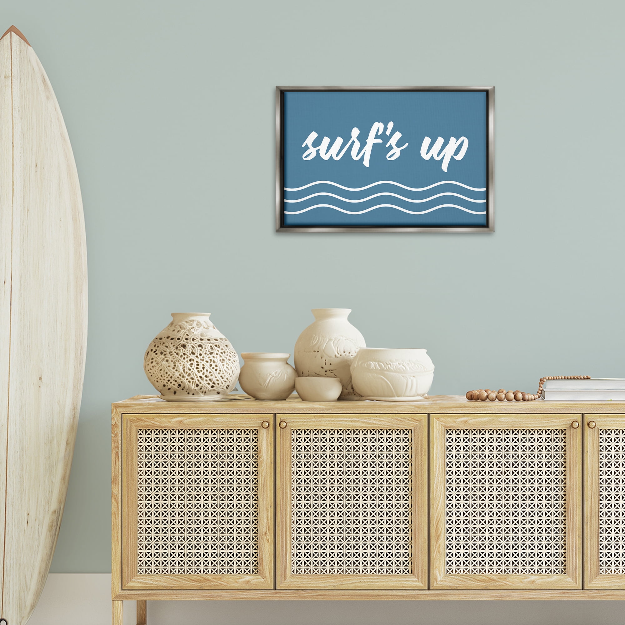 Stupell Industries Blue Surf's Up Typography Painting Gray Floater Framed Canvas Art Print Wall Art, 25 x 17