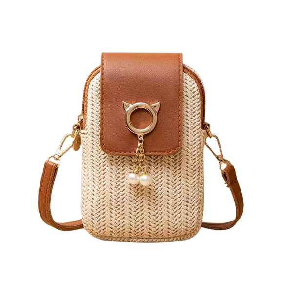Brown Plastic Straw Woven Crossbody Phone Bag Cute Cat Mini Purse With Adjustable Strap For Women Summer Travel Beach 6X4 Inch