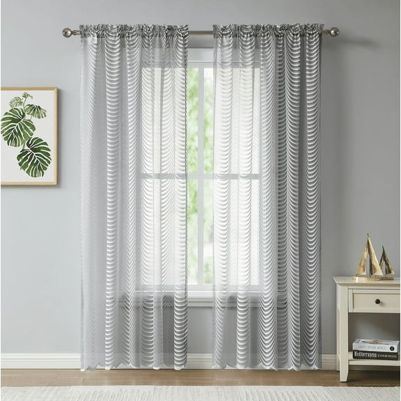 WAVE - Lace Semi Sheer Curtains - Set of Two Panels Rod Pocket Voile Curtain for Living Room Bedroom and Kitchen (54" W x 84" L, Silver)