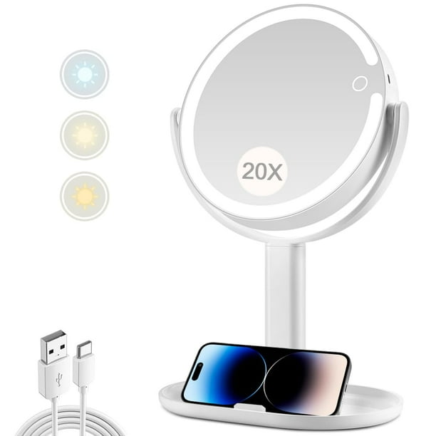 Espejo de maquillaje MIYADIVA con aumento de 20 aumentos con luz, 80 LED, 8.8 pulgadas