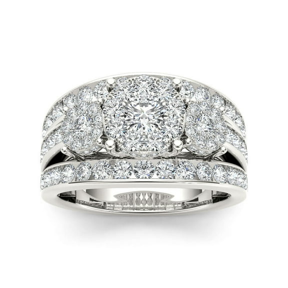 Triple Row Three Stone Halo Diamond Ring 2.5 Ct Diamond 14K White Gold Over