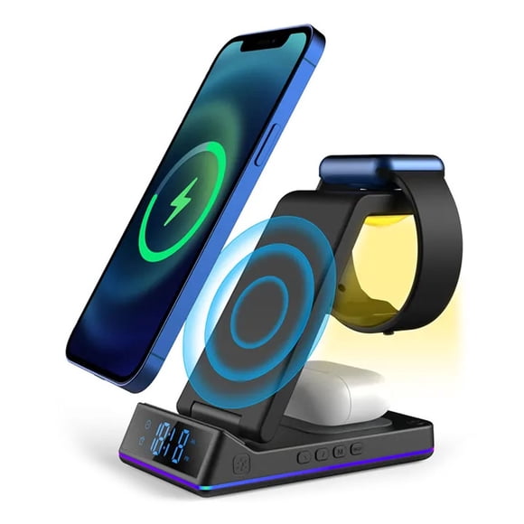 3 in 1 Wireless Charger with Clock/Alarm and Night Light, 15W Fast Charging Station Compatible with iPhone , AirPods and iWatch