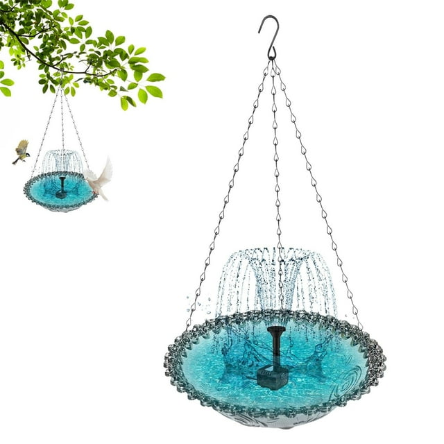 Solar Powered Hanging Bird Bath and Feeder Outdoor Garden Decoration with Automatic Water Circulation