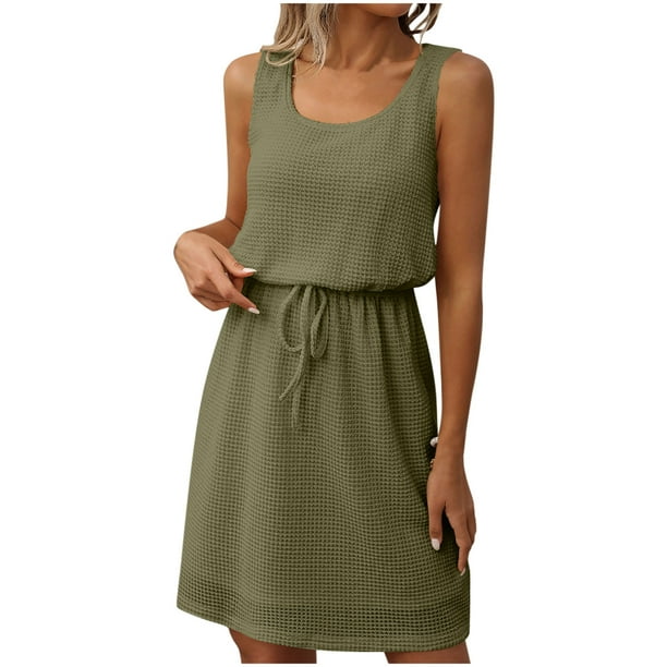Sexy Vestido Casual para las Mujeres, Moda Casual Cuello Redondo sin Mangas de Cordón de Color Sólido para el Verano Y la Fiesta