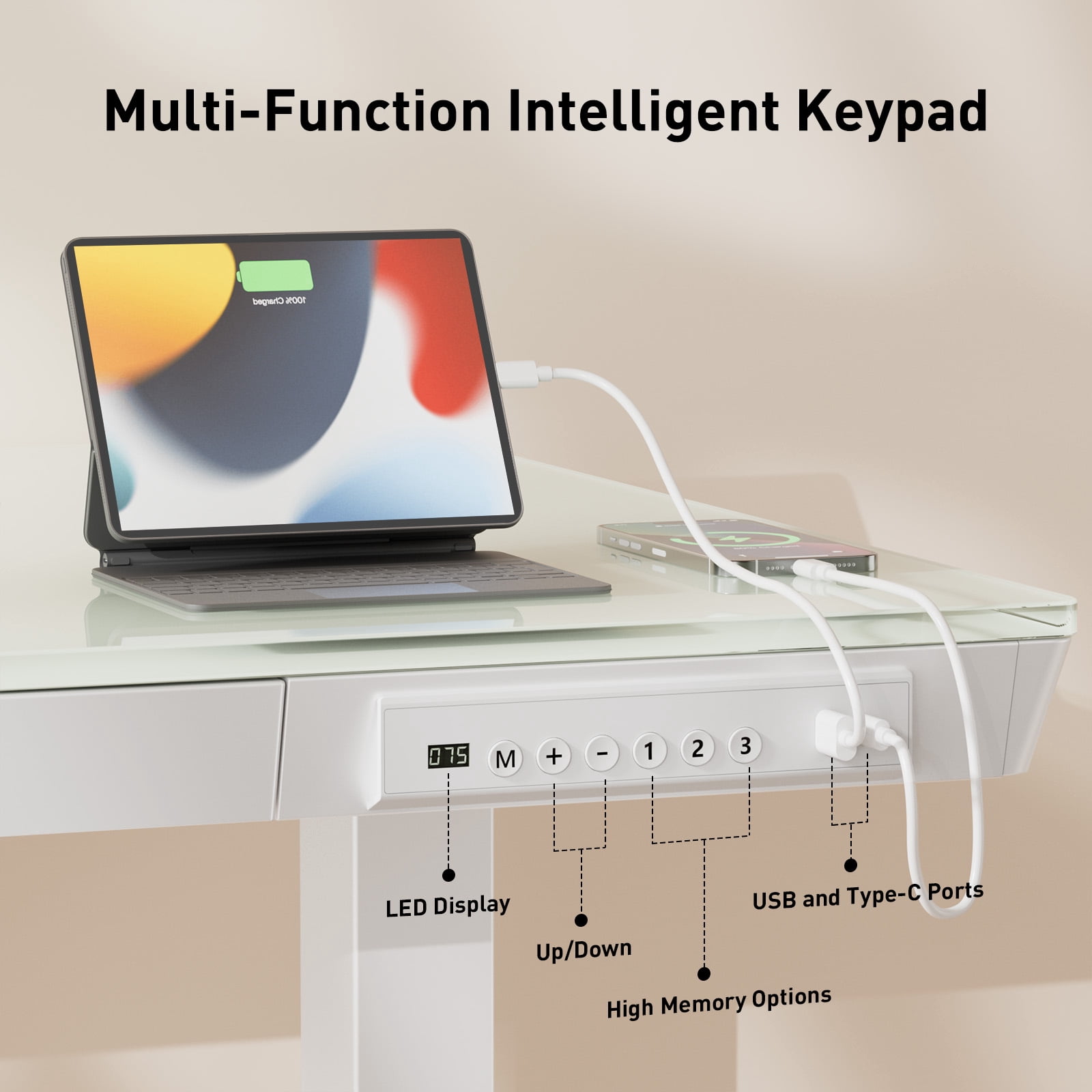 One-Piece Glass Standing Desk with USB & Type-C & Drawers, 40"×24" Electric Adjustable Stand Up Desk for Small Apartment, Glass Tabletop Office Computer Desk, White