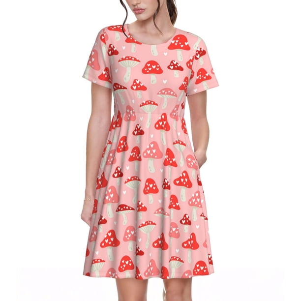 Disketp Cute Mushroom1 para Vestido de Manga Corta para Mujeres, Vestidos de Verano para Mujeres, Casual y Holgado para la Playa