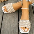 thumbnail image 5 of Mepaouo Women's Slide Sandals Pearl Square Toe Slip on Flats Summer Beach Dressy Footbed Slippers, 5 of 8