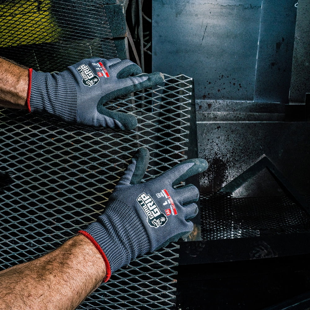 Gorilla Grip Work Glove, ANSI A5 Cut Resistant Nitrile Coated Men's Gloves, Superior Grip in Wet Conditions, Touchscreen, Gray, Large, 1 Pair