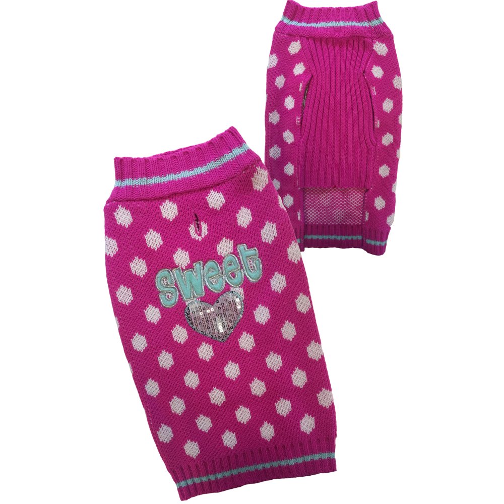 Polka Dot Sweet Heart Sequined Dog Sweater, Pink, Large