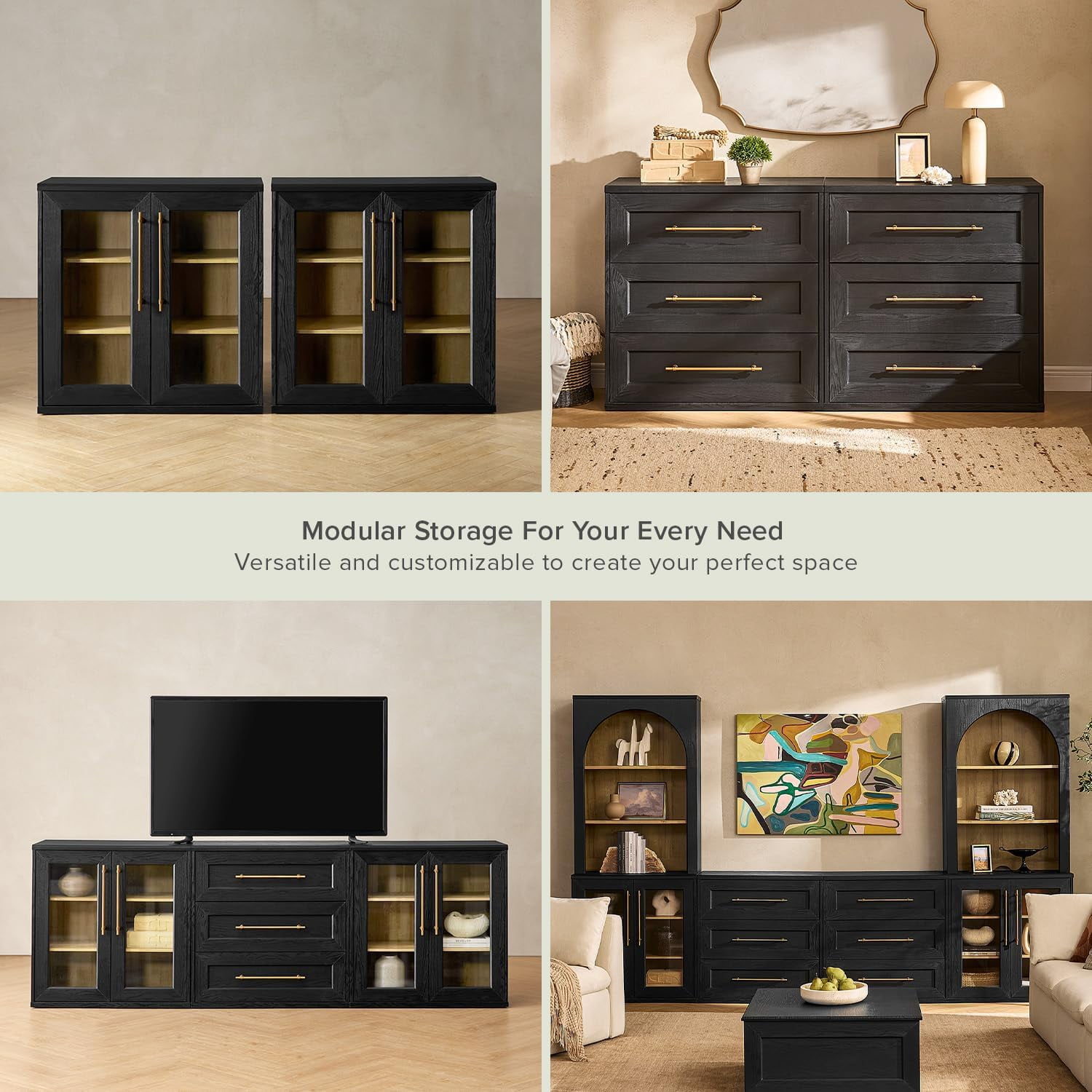 Mopio Blake 3 Piece Entertainment Center with Storage, Modern Farmhouse Modular Storage Cabinet Dresser TV Stand for up to 65" TVs, Side Display Case, Media Console Cabinet, Living Room (Black)
