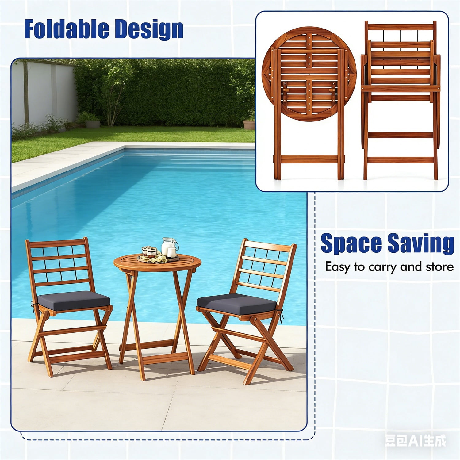 Hommoo 3 Pcs Acacia Wood Patio Bistro Set, Outdoor Folding Table and Chair Set with Gray Cushions