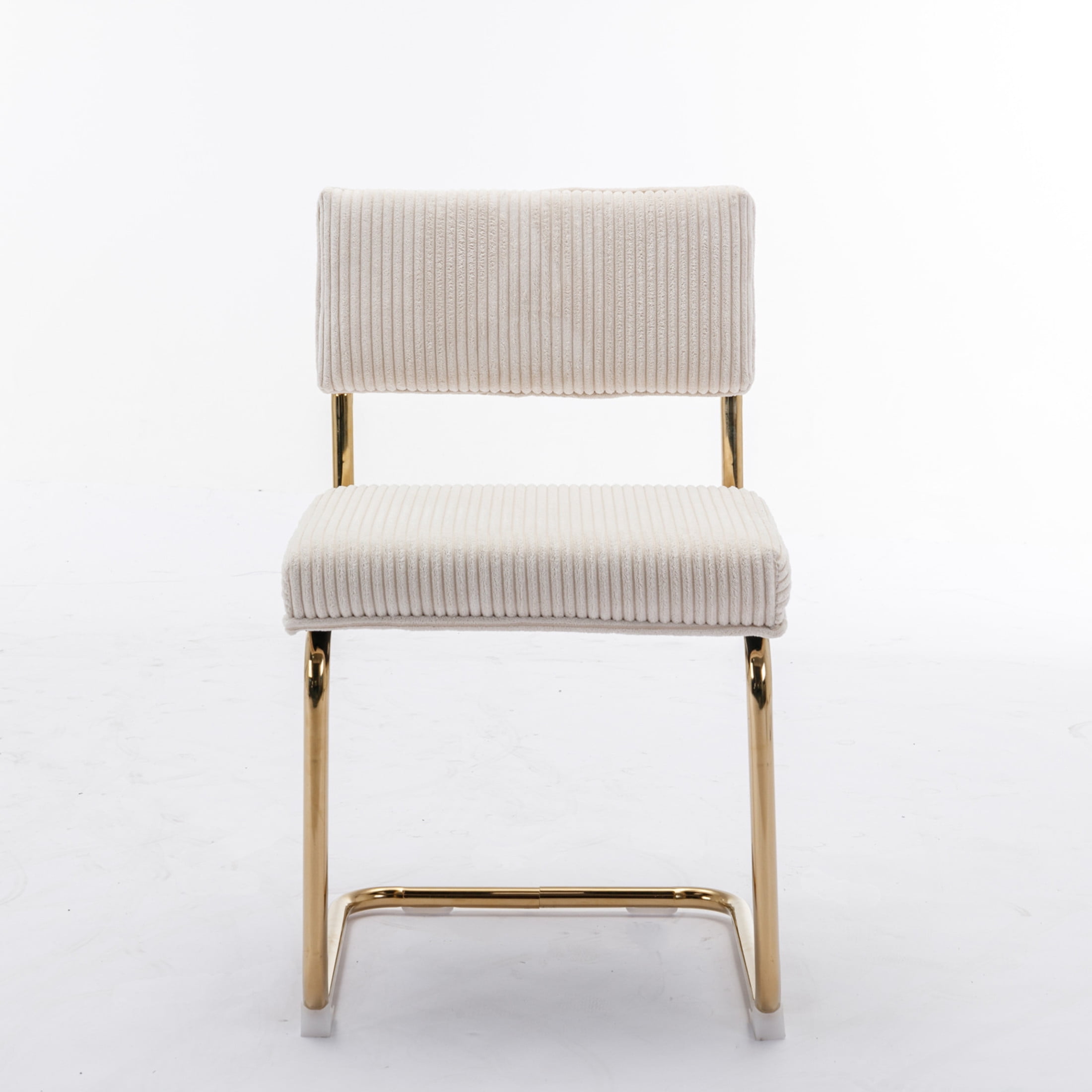 Seraphine Modern Upholstered Corduroy Dining Chairs with Channel Tufting, Gold Metal Frame, Beige + Gold, Set of 2