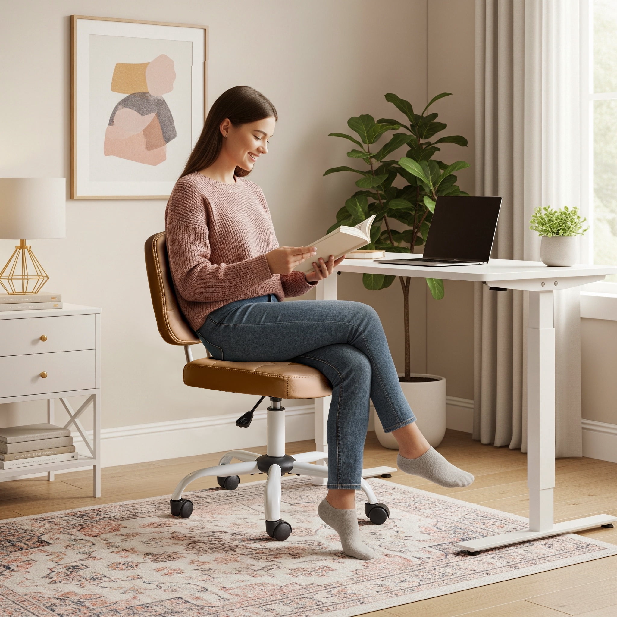 Ktaxon Armless Office Chair with Star Base PU Swivel Task Chair with 9-Grid Design for Study Room or Dressing Area Brown