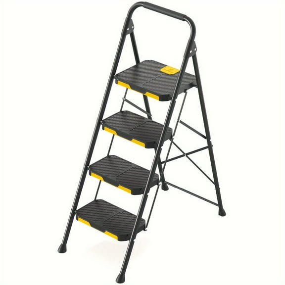 KINGRACK 4 Step Ladder, Sturdy Steel Step Stool with Safe-Lock Design Handrail, Anti-Slip Wide Pedals, 800lbs Load Tested, Folding for Home Kitchen, Black, Gift
