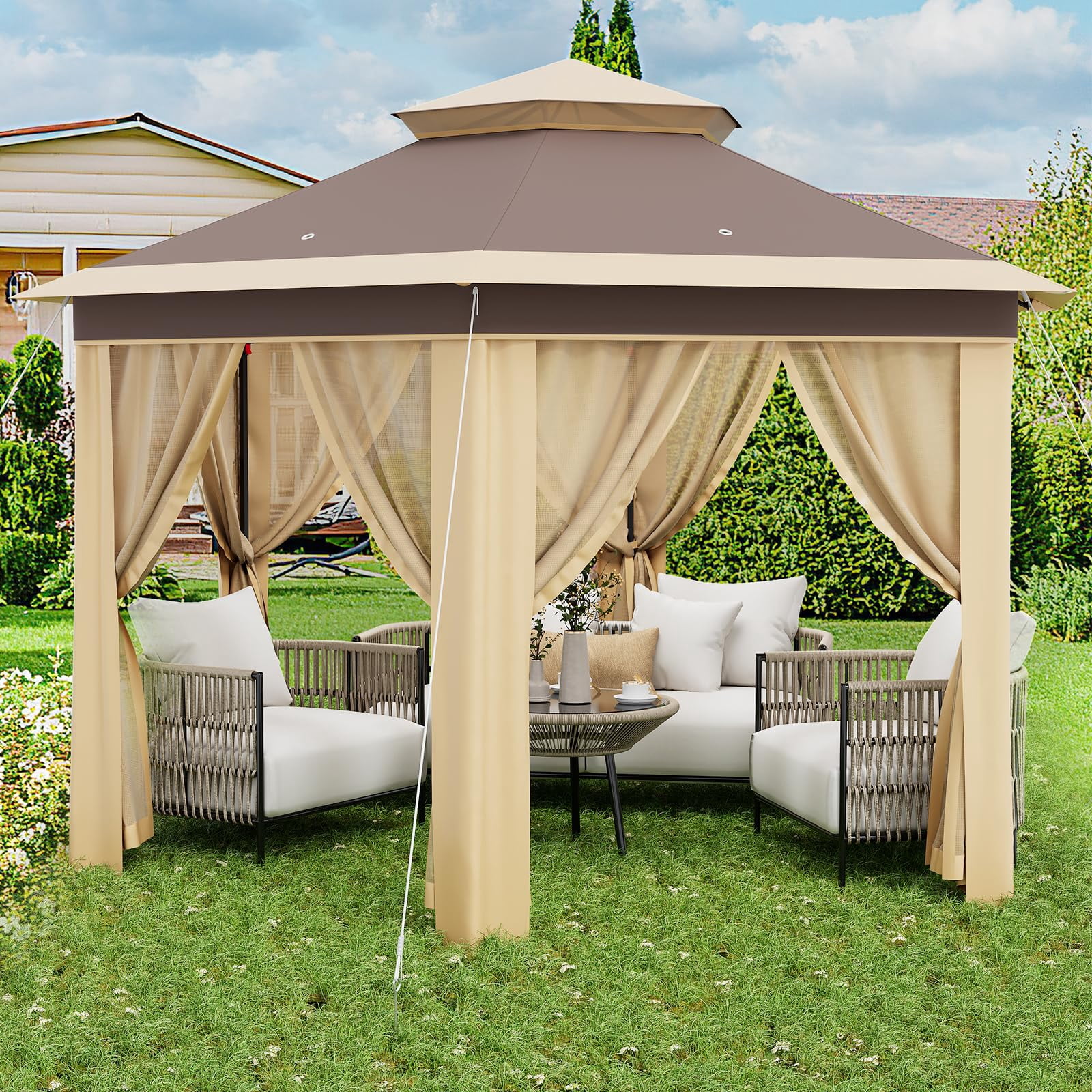 TROPOW Gazebos for Gardens,All Seasons Gazebos,with Adjustable Heights,Outdoor Gazebo for Backyard & Patio Furniture,Pop Up Tent,Khaki