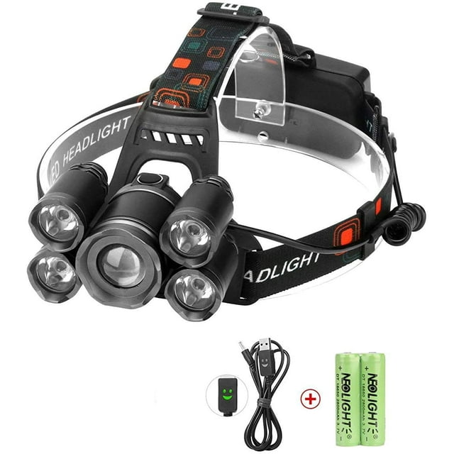 Linterna frontal LED, Neolight Super Bright 5 LED High Lumen Recargable Zoomable Impermeable Linterna frontal para exteriores Senderismo Camping Caza Pesca Ciclismo Correr Caminar Vhermosa 18*12*12cm