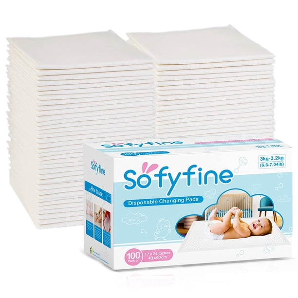 SOFYFINE 100 unidades de cambiadores desechables para bebé de 17 x 24 pulgadas, cambiadores portátiles para viajes sin desorden, almohadillas de cama para incontinencia a prueba de fugas, protector de