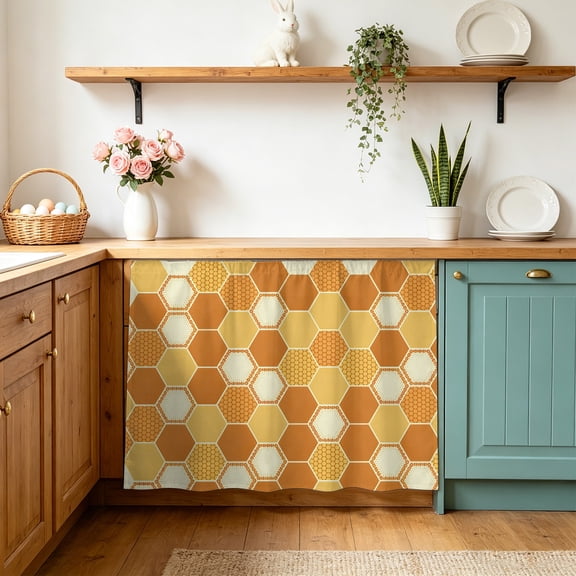 Orange Yellow Small Sink Skirt 10"Wx11"L,Dustproof Under Sink Curtain with Self Adhesive Tape,Farmhouse Abstract Geometric Hexagon Art Cabinet Curtain Cover for Bathroom Vanity,Kitchen Storage Shelf